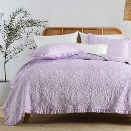HORIMOTE HOME Purple Ruffled Quilt King Size, Stone-Washed Microfiber Lightweight Crinkled Farmhouse Rustic Shabby Chic Bedding Set, 3 Pieces Reversible Bedspread with Pillow Shams for All Season