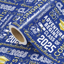 WRAPAHOLIC Graduation Wrapping Paper - Mini Roll - 17 Inch x 16.5 Feet - Elegant Blue and Gold Graduation Wrapping Paper for Class of 2025, Party, Celebration