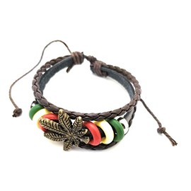 Teri's Boutique Rasta BRYG Weed Leaf Pendant Faux Leather Adjustable Fashion Style Strand Bracelets (Dark Brown)