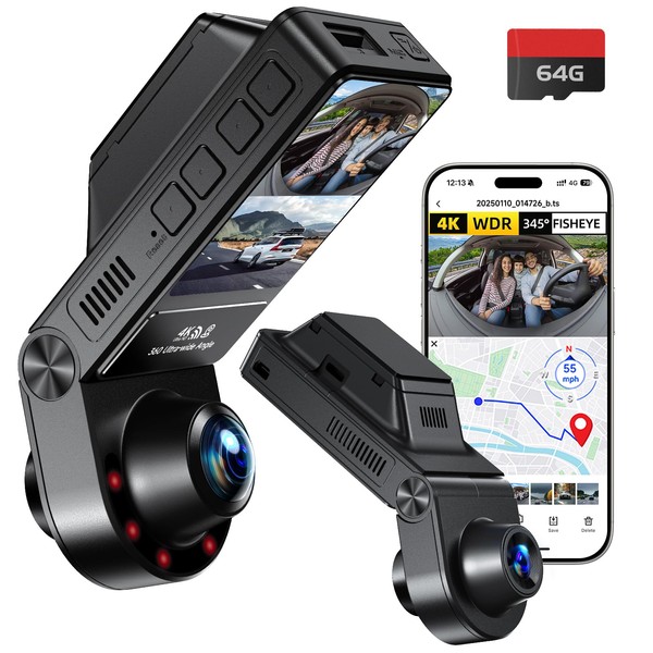 E-YEEGER Dash cam 360° Panorama, 4K+2.5K DashCam, 2" IPS Mini