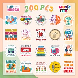 CKXTYNG 200Pcs Music Motivational Stickers for Kids Teens Adults, Trendy Vinyl Sticker Pack for Water Bottles Laptops Guitars Scrapbooks, Music Themed Gift Decorations