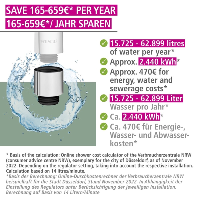 WENKO Water Saver Water-Saving Individually Adjustable Water-Saving Insert for the