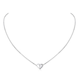 ChicSilver Initial Necklace for Women - 925 Sterling Silver Initial T Heart Necklaces Fashion Dainty Heart Pendant Alphabet Letter Necklace 16 inch