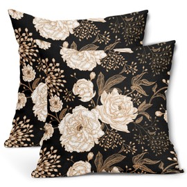 Vintage Peony Roses Floral Plant Pillow Covers 18X18 Inch Set of 2 Chinoiserie White Flower Leaves Decorative Pillow Cases Black Gold Cushion Case Vintage Home Decor for Sofa Couch Outdoor