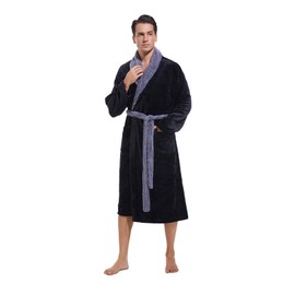 Lagtew Mens Robe,Plush Fleece Soft Robe for Men,Cozy Warm Bathrobe,Shower Spa Robe With Pockets,BLACK+DARK GREY,S/M