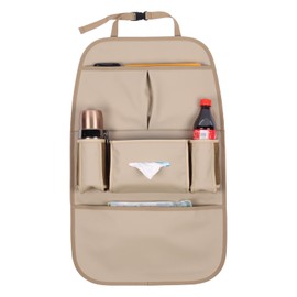 pefirst Car Backseat Organizer for Kids, Car Back Seat Storage Bag With 3 Pockets, 2 Drinks Holders, Water Resistant, Kids Toy Storage Kick Mat Back Seat Protector for Toddlers (Beige 1-Pack)