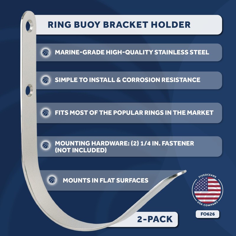 Five Oceans Stainless Steel Ring Buoy Bracket Holder, Flat Mount