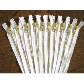 Gold Metal Zippers in White No. 5 YKK Zipper Pack of 12 8 inch