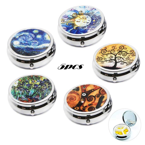 5Pcs Elegant Round Pill Box Case for Purse Pocket, AUHOKY Portable Metal Medicine Tablet Holder Organizer Container with 3 Compartments for Travel Handbag Gift(45mm, 5Styles)