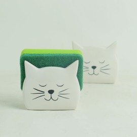 Sponge Holder for Countertop 2 PCS Dish Sponge Holder Ceramic Sponge Caddy Cat Shape Sponge Holder for Kitchen Sink-Kitchen Decor Cute Kitchen Accessories (White)