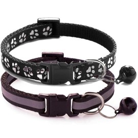 Pimaodog Cat Collar with Bell, 2-Pack Basic & Reflective XS Dog Cat Collar with Bells for XXS Xs Small Pet Dogs Boy Tiny Kitten Girls Animal,Neck 7-12 Inch (Black, Neck 7-12")