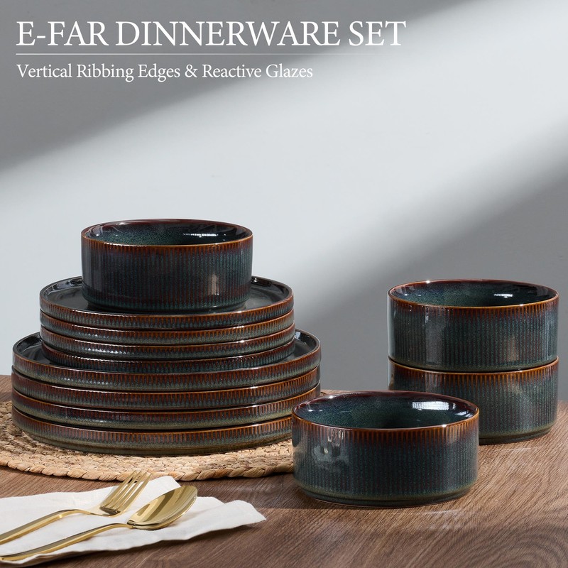 E-far Stoneware Dinnerware Sets, 18-Pieces Modern Plates and Bowls Sets,