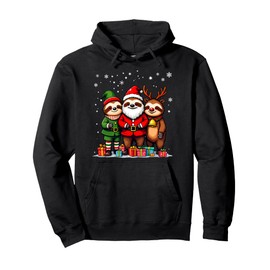 Cute Christmas Sloths in Santa Elf and Reindeer Costumes Pullover Hoodie
