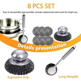 8 PCS Stainless Steel Scrubber Metal Sponge Pads Steel Wool Scrubbers Scouring Pads Ball Long Handle Scrub Brush for Pot Pan Dish Wash Cleaning Cookware Cleaner Kitchen Bathroom