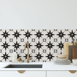 Star Compass Peel & Stick Tile Stickers 30-Pack, 4 x 4 Inch Black-White Waterproof Removable Vinyl Backsplash Decals for Kitchen, Bathroom, Laundry, RV & Stair Risers (White)