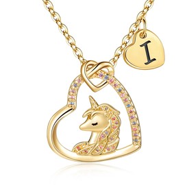 mantoudoss Initial Charm Necklace for Women, 14K Gold Plated Unicorn Necklace Dainty Heart Initial Letter Necklace Unicorn Gifts Gold Necklace Jewelry for Women