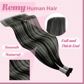 YoungSee I Tip Hair Extensions Human Hair 14 Inch Ombre Itip Human Hair Extensions Black Ombre Silver with Black Balayage I Tip Extensions 50g 80s Keratin Hair Extensions for Short Hair