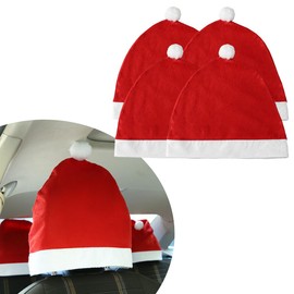 Wevdn 4 PCS Santa Claus Hat Car Seat Headrest Cover, Cute Dust-Proof Headrest Cover Auto Christmas Decor, Non-Woven Santa Hat Scratch-Proof Seat Head Rest Protector for Most Cars