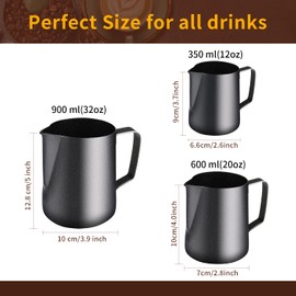 TechKen Milchkännchen,Milchkanne Edelstahl,Barista Zubehör Kaffee Milch Kännchen für Espresso Cappuccino (Schwarz 350ml/12 FL.oz Edelstahl)