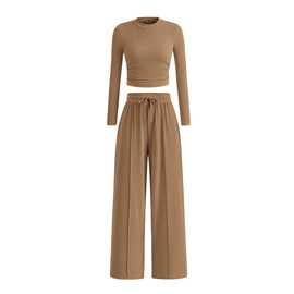 PRETTYGARDEN Women's 2 Piece Sets 2025 Fall Long Sleeve Crop Tops Wide Leg Pants Matching Outfit Tracksuits Fashion Clothing (Camel,Medium)