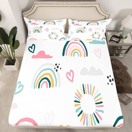 Girls Catoon Rainbow Fitted Sheet Pink Love Heart Bed Sheet Set Decor Cute Cloud Bedding Set Kawaii Stripes Polka Dots Theme White Bed Cover Bedroom Quilt Cover 2Pcs Twin