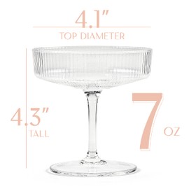 Vintage Art Deco Coupe Glasses | Set of 4 | 7 oz Classic Cocktail Glassware for Champagne, Martini, Manhattan, Cosmopolitan, Sidecar | Crystal Speakeasy Style Saucer Goblets with Stems