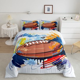 Boys Football Comforter Set Twin Kids Teen Sports Bedding Set Bedroom Decor,Watercolor Tie Dye Hand Drawn Graffiti Football Bedding Comforter Sets Rugby Quilt Duvet 1 Pillow Case Colorful Brown