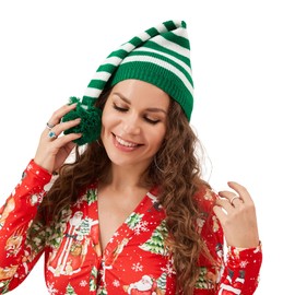 CocMouse Christmas Elf Knitted Hat for Adults Novelty Funny Striped Beanie with Pompom Cute Santa Winter Crochet Hats (Green White, 22cm*47cm)
