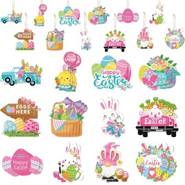 24Pcs Easter Wooden Tree Ornaments,Easter Bunny Colourful Egg Hanging Ornaments,Spring Easter Themed Rabbit Pendants Wood Signs with Rope,Decor for Easter Tree Party Home Classroom Supplies