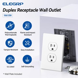 ELEGRP Matte White Tamper Resistant Duplex Outlets, Mid Wall Plate Included,15A 125V Standard Electrical Duplex Receptacle TR Wall Outlet, 5-15R, Self-Grounding, Residential Grade, UL Listed (10 Pack)