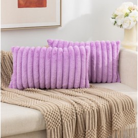 ZLINA Set of 2 Faux Fur Plush Decorative Throw Pillow Covers Fluffy Striped Pillowcase Cushion Covers for Sofa Couch Bedroom Living Room (12 x 20-Inch, Light Purple)