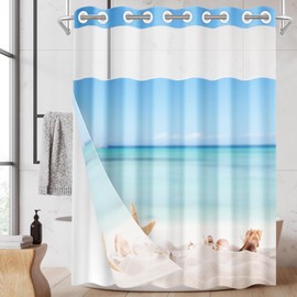 Nesphy No Hook Summer Beach Ocean Shower Curtain with Snap in Fabric Liner Set, Sea Starfish Shell Double Layers Waterproof Fabric with See Through Top Window Open Grommet Bath Curtain 71x74 Inch