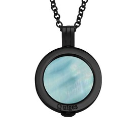 Quiges 70cm Necklace Set Black Plated Stainless Steel with Pendant and 25mm Small Baby Blue Natural Abalone Shell Coin