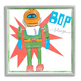 Stupell Industries Vintage Robot Toy Bop Bleep Text Retro Pop, Designed by Jennifer Paxton Parker Gray Framed Wall Art, 12 x 12, Multi-Color