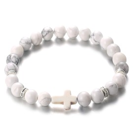 Halukakah Stone Beads Bracelet with Christian Cross, Natural Gemstone Crystal Stretchy Bracelet for Men Women Black Dragon Grain/Lava Stone/Turquoise, with Free Gift Box, Stone