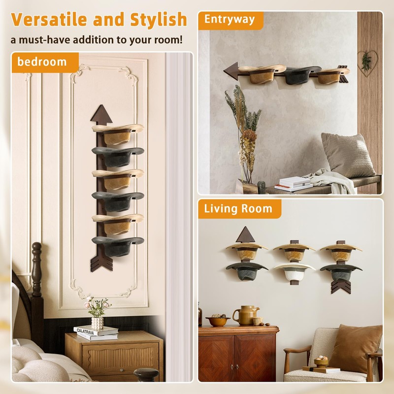 Cowboy Hat Rack Wall Mount, Solid Wood Arrow Design 6