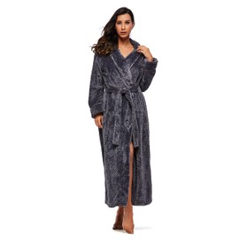 BELLOO Ladies Winter Flannel Dressing Gown Fleece Bathrobe Long Style, Grey XL