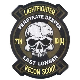 Bayonet Design - 7th Infantry Division (L) Recon Scout Patch - 5" X 3 3/4" Wax Backing, Non merrowed Edge - US Airborne - US Ranger - Light Infantry Scout Platoon