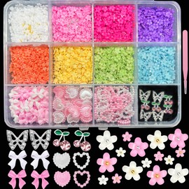 3D Flower Nail Charms Bulk Pink and White Bows Pearls Charms for Nails Cherry Butterfly Heart Pearl Nail Charms and Gems Flowers and Bows Nail Supply for Nail Art Design
