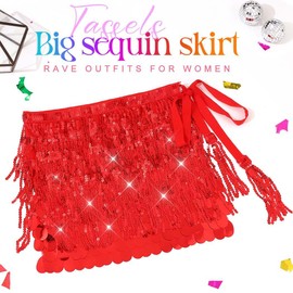 Reaky Red Sequin Skirt with Fringe Belly Dance Skirts Mermaid Costume for Women, red, Unit size