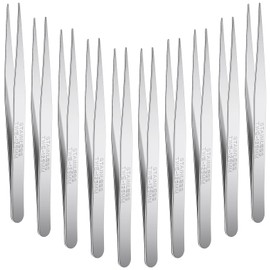 WILLBOND 10 Pcs Stainless Steel Tweezers Lab Forceps Long Tweezers with Flat Round Tip Hair Removal Tweezers Garden Tweezers Serrated Tip Straight 5 Inch for Plants, Craft, Electrical Repair