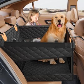 PETICON Large Dog Car Seat, Back Seat Extender for Dogs with 3 Mesh Windows, Waterproof Medium Carseat for Dogs with 4-Splice Hard Bottom, Pet Seat Cover for Cars, Trucks and SUVs (Black)