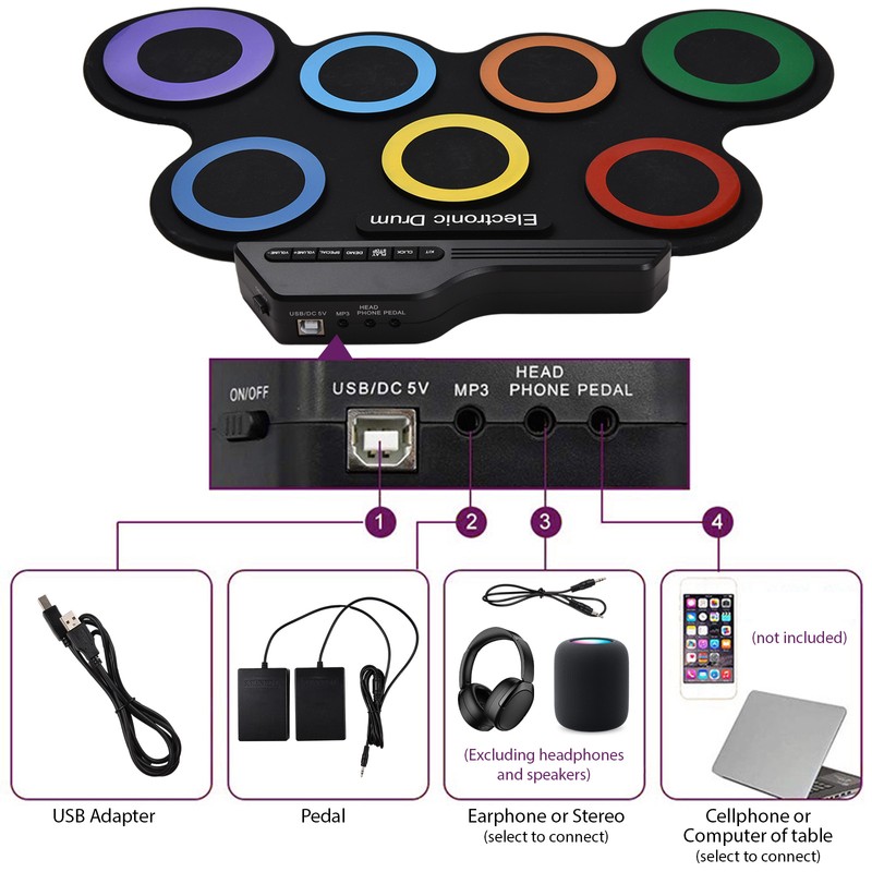 Electric Drum Set Portable Drum Pad Kit 7 Pads with