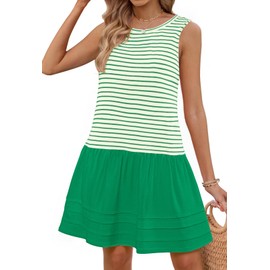 MEROKEETY Women's Summer Sleeveless Sundress Casual Striped Patchwork Mini Tank Dress with Pockets, Green, S