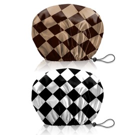 BHAHB 2 PCS Shower Cap Reusable Waterproof Double Layer Elastic Adjustable Hair Bath Caps Cute Aesthetic for Women Girls-Brown Black Checkered