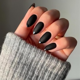 KQueenest Black French Tip Press on Nails Short Almond in a Matte Finish, Dark Fake Nails Press ons Short Stiletto, Velvet Soft Gel Glue on Nails for Women Fall Winter, 32 Pcs 16 Sizes