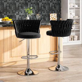 AWQM Black Bar Stools Set of 2, Velvet Swivel Bar Chairs Counter Height Barstools with Back & Footrest,Adjustable Counter Stools Island Chairs for Kitchen, Bar, Dining Room