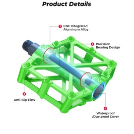 KEMIMOTO Mountain Bike Pedals MTB Bicycle Flat Pedals, 9/16'' CNC Aluminum Durable Sealed Bearings for Most Bikes BMX MTB Enduro Downhill Trail (Two Pack) (Green)