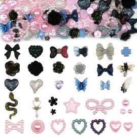 500Pcs 3D Mixed Pink Pearls Nail Charms Acrylic Multi Shapes Blue Heart Flower Bowknot Cute Nail Charms Heart Star Bow Pink Pearls Nail Art Charms for Manicure Jewelry DIY Crafts Accessories