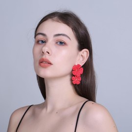 RUOFFETA Raffia Flower Earrings, Raffia Straw Wrapped Flower Drop Dangle Earrings Summer Tropical Beach Jewelry(Red B)